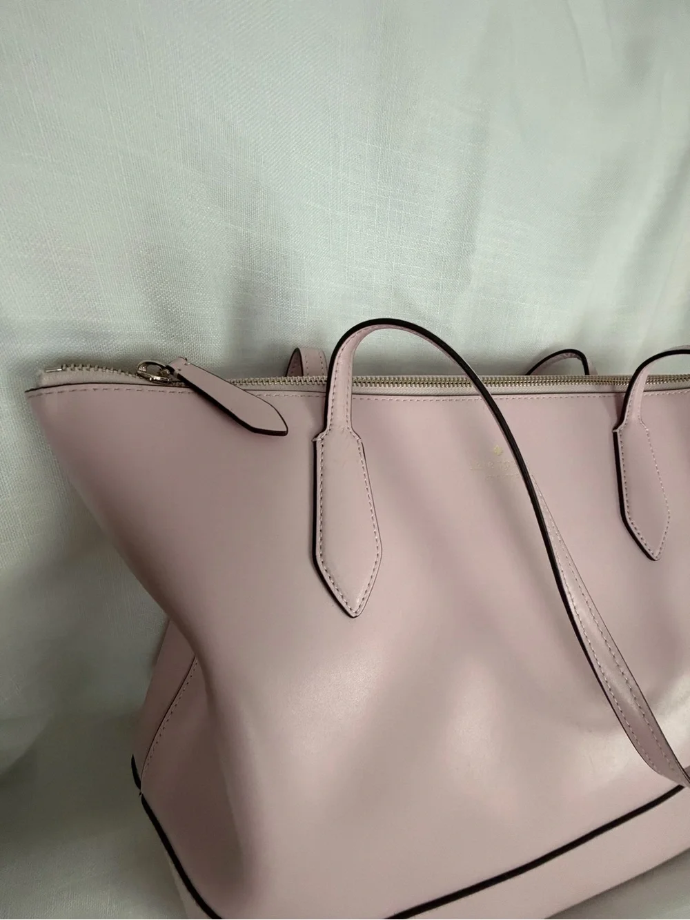 kate spade pale pink leather tote with gold logo